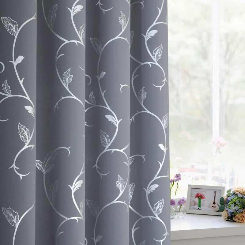 BUHUA Striped Blackout Curtains Grommet Top Wave Vine Pattern Room Darkening Curtains for Patio Door 52Wx84L Light Grey 2 Panels - Image 3